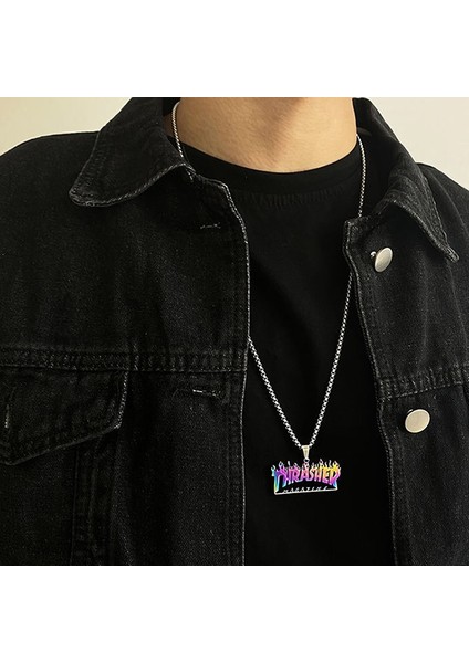 Thrasher Magazine Yazılı Çok Renkli Gökkuşağı Alevli ve Kare Zincir Çelik Kolye modelleri