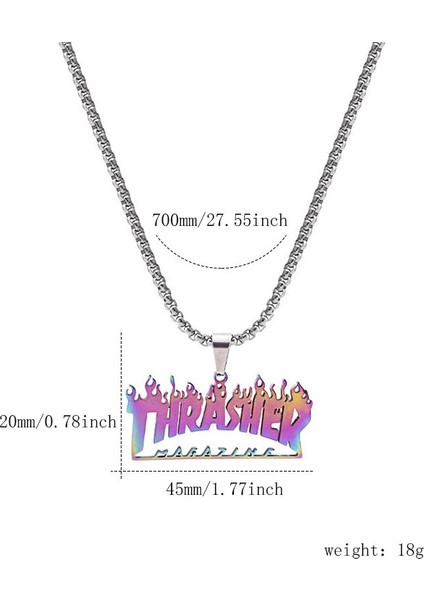 Thrasher Magazine Yazılı Çok Renkli Gökkuşağı Alevli ve Kare Zincir Çelik Kolye fırsatları