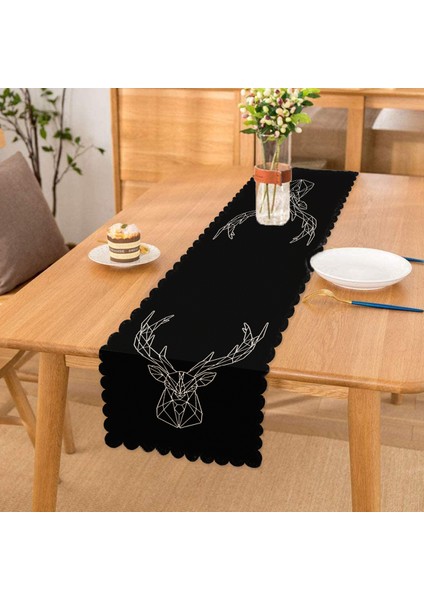 Siyah Zeminli Geometrik Geyik Çizimli Modern Özel Tasarım Runner