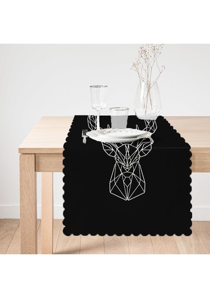 Siyah Zeminli Geometrik Geyik Çizimli Modern Özel Tasarım Runner fiyatları