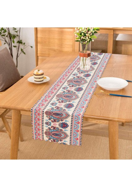 Kırmızı Mavi Çini Motifli Modern Dijital Baskılı Runner