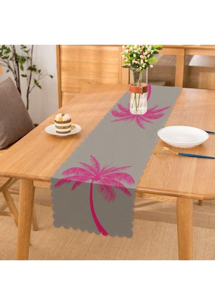 Gri Zeminde Fuşya Palmiye Motifli Modern Runner