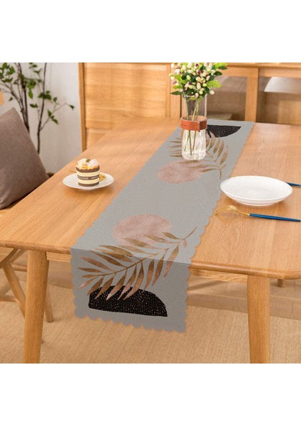 Gri Zeminde Soyut Çizim Ay ve Yaprak Motifli Modern Runner