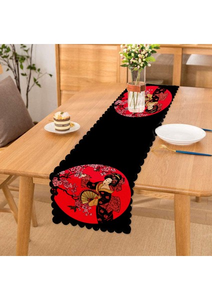 Çiçek Desenli Yelpazeli Japon Kız Motifli Modern Runner