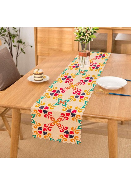 Krem Zeminli Geometrik Dijital Baskılı Runner