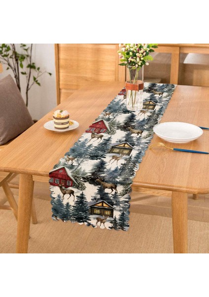 Real Homes Bağ Evi Tasarımlı Kış Temalı Dijital Baskılı Dekoratif Runner