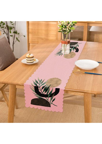 Pembe Zemin Üzerinde Soyut Yaprak Çizimli Dekoratif Runner