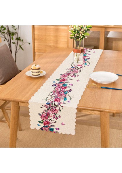 Şarmaşık Gül Desenli Kuş Motifli Dijital Baskılı Özel Tasarım Runner