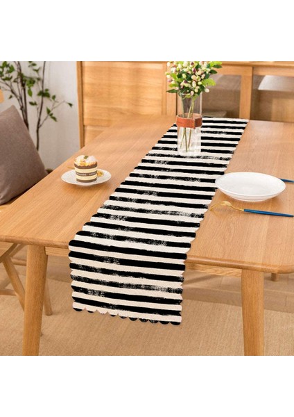 Siyah Çizgili Motifli Dekoratif Modern Runner