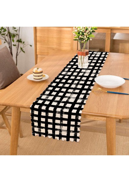 Siyah Zeminde Geometrik Kare Motifli Dekoratif Runner