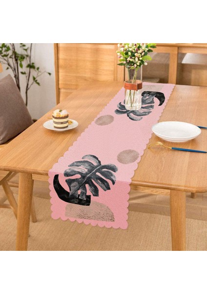 Pembe Zeminde Tropik Yaprak Desen Baskılı Özel Tasarım Runner