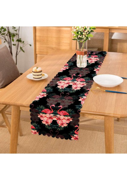 Siyah Zeminde Lilyum ve Flamingo Özel Tasarım Runner