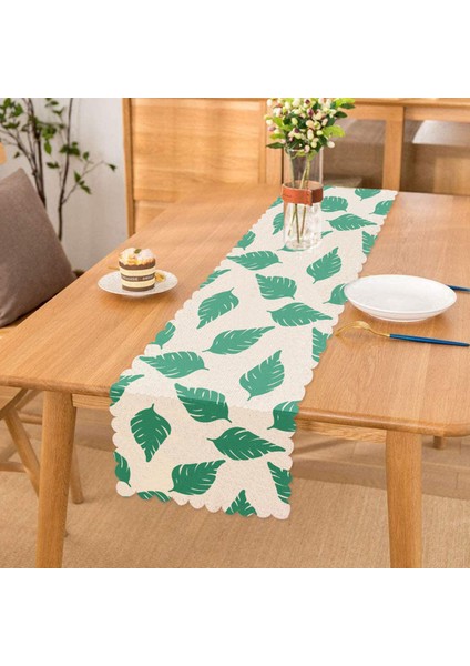 Beyaz Temalı Mint Yeşili Yaprak Motifli Dekoratif Runner