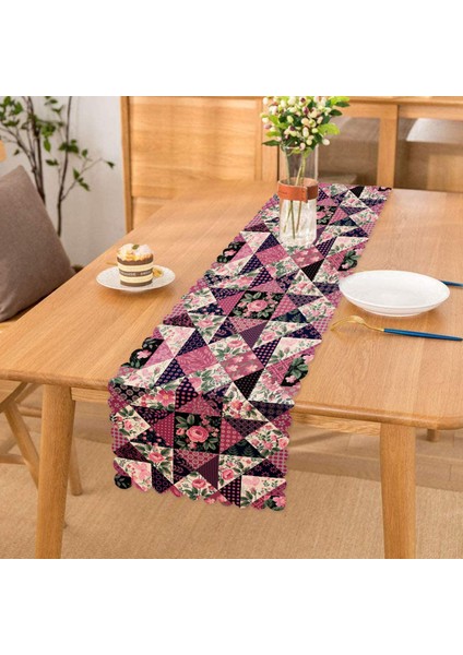 Mürdüm Renk Patchwork Desenli Dekoratif Runner