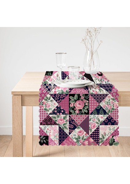 Mürdüm Renk Patchwork Desenli Dekoratif Runner