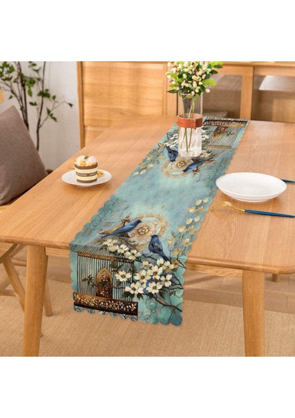 Mavi Kuş Desen Dijital Baskılı Dekoratif Runner