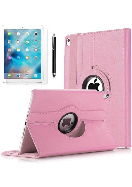 Apple iPad Air 2 9.7" Uyumlu 360 Derece Dönen Standlı -Deri Kılıf+Ekran Koruyucu - Açık Pembe