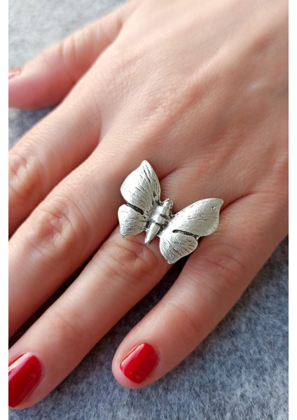 Antik Gümüş Kaplama Kelebek Şekilli El Yapımı Ayarlanabilir Yüzük