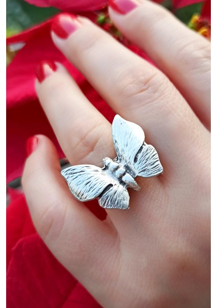 Antik Gümüş Kaplama Kelebek Şekilli El Yapımı Ayarlanabilir Yüzük modelleri