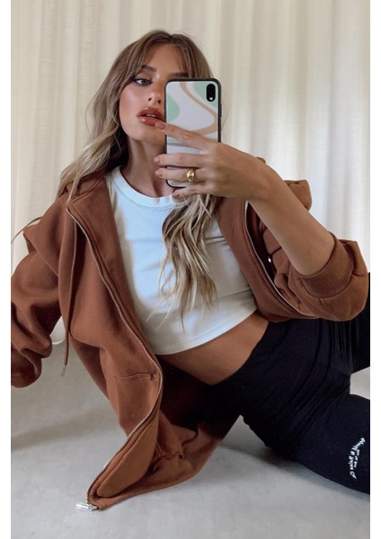 Mad Girls Kahverengi Kapüşonlu Sweatshirt MG1223 modelleri