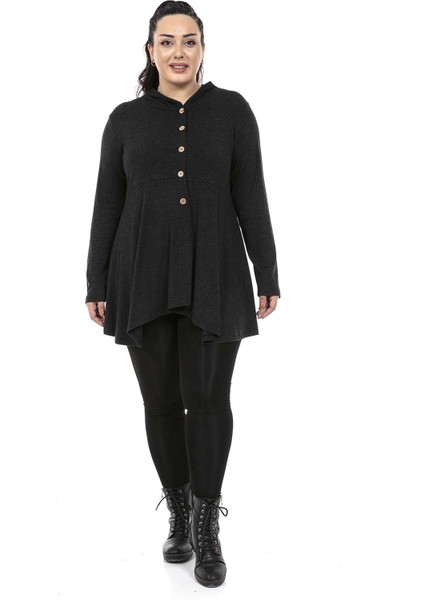 Büyük Beden Asimetrik Kesim Kapüşonlu Sahte Düğme Detaylı Yün Viskon Antrasit Bluz