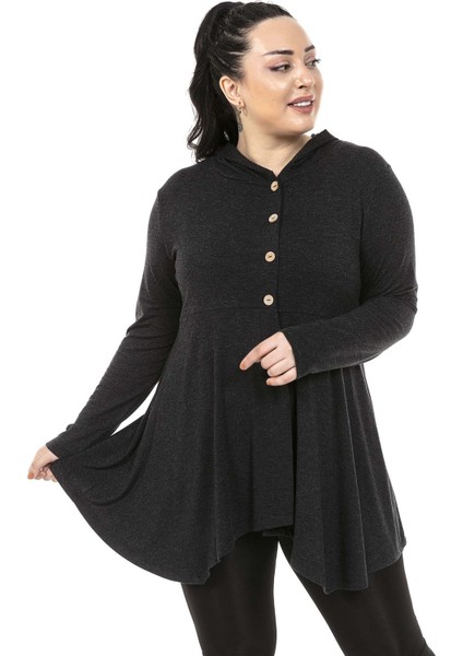 Büyük Beden Asimetrik Kesim Kapüşonlu Sahte Düğme Detaylı Yün Viskon Antrasit Bluz fiyatları