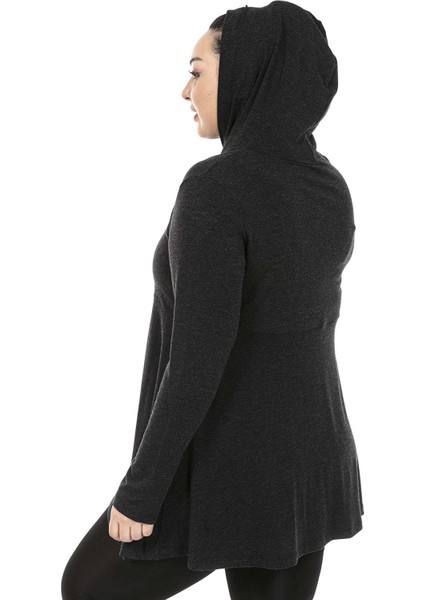 Büyük Beden Asimetrik Kesim Kapüşonlu Sahte Düğme Detaylı Yün Viskon Antrasit Bluz modelleri