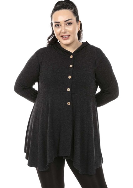 Büyük Beden Asimetrik Kesim Kapüşonlu Sahte Düğme Detaylı Yün Viskon Antrasit Bluz fırsatları