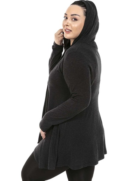 Büyük Beden Asimetrik Kesim Kapüşonlu Sahte Düğme Detaylı Yün Viskon Antrasit Bluz indirimleri