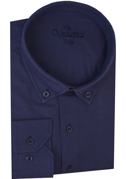 Erkek Lacivert Büyük Beden Yaka Düğmeli Uzun Kollu Düz Klasik Erkek Gömlek