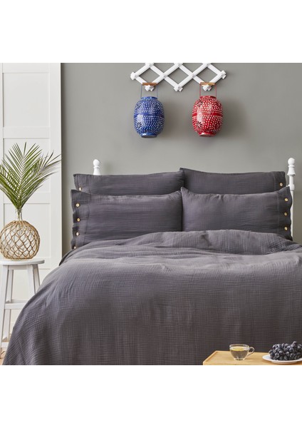Pruva Çift Kişilik Müslin Yatak Örtüsü Seti Antrasit