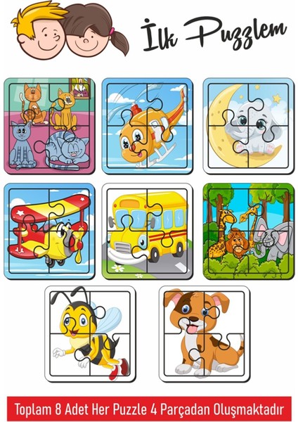 Sevimli Arı, Köpek, Kedi, Aydede, Helikopter, Uçak, Hayvanlar, Kediler Oluşan Ahşap Puzzle 4 Parça