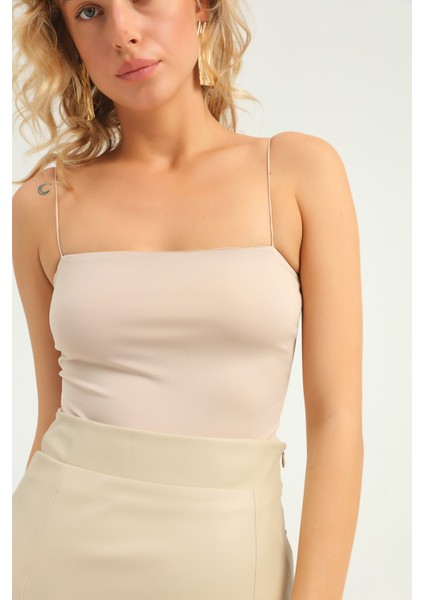 Ince Askılı Bodysuit Bej