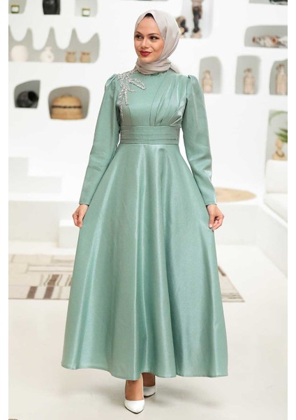 Tesettürlü Abiye Elbise - Saten Mint Tesettür Abiye Elbise 22301MINT