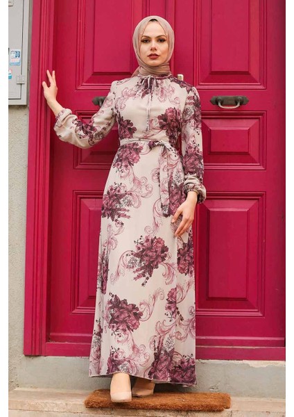 Neva Style - Çiçek Desenli Bej Tesettür Elbise 27921BEJ