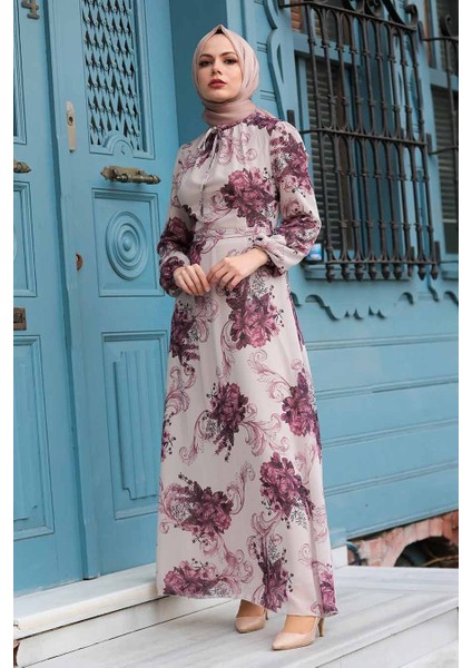 Neva Style - Çiçek Desenli Bej Tesettür Elbise 27921BEJ