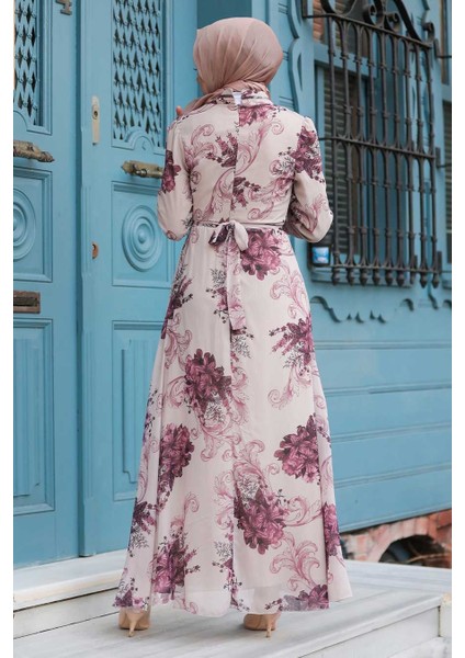Neva Style - Çiçek Desenli Bej Tesettür Elbise 27921BEJ