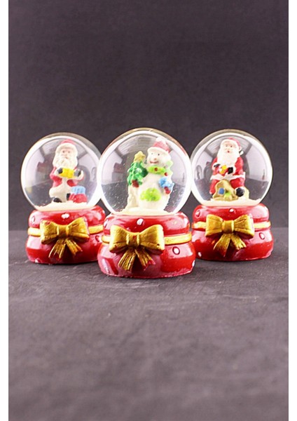 3 Adet Yeni Yıl Noel Baba Temalı Kurdele Detaylı Mini Boy Işıklı Kar Küresi 6,5 cm B