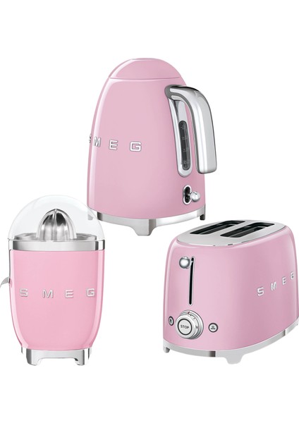 Smeg Pembe Kettle-1x2 Ekmek Kızartma Makinesi ve Narenciye Sıkacağı Seti