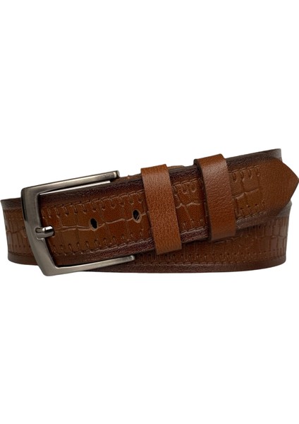 Deri Desenli Premium Kahverengi Kot Spor Kemer 4.5 cm