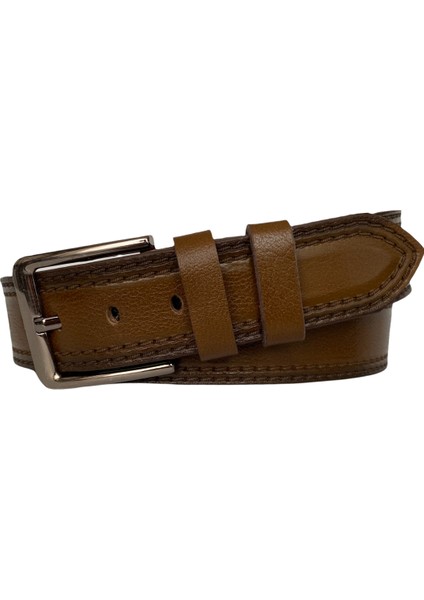 Deri Çift Dikiş Baskı Desenli Premium Taba Kot Spor Kemer 4.5 cm