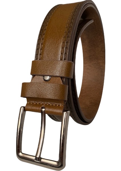 Deri Çift Dikiş Baskı Desenli Premium Taba Kot Spor Kemer 4.5 cm modelleri