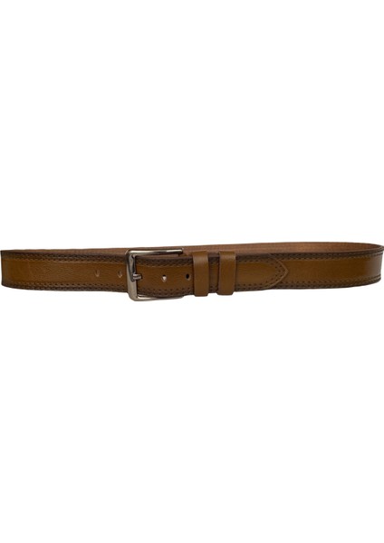 Deri Çift Dikiş Baskı Desenli Premium Taba Kot Spor Kemer 4.5 cm fırsatları