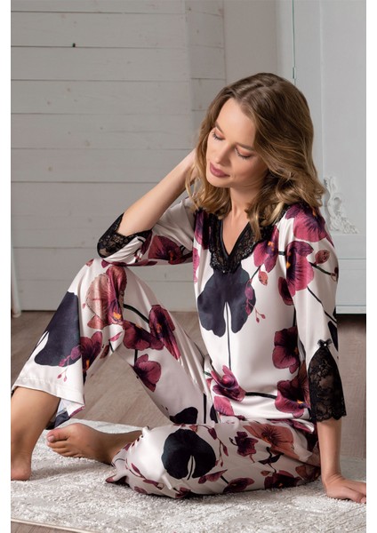 VİENETTA 161060-4917 BAYAN SATEN FAKİR KOL EKRU PİJAMA TAKIMI