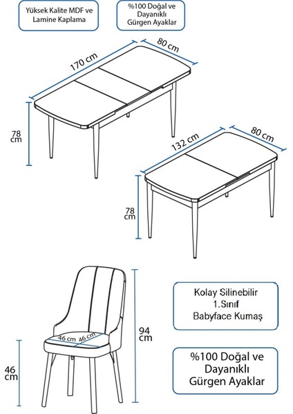 Concept Are Serisi, 80X132 Açılabilir Mdf Masa, Siyah Mermer Desen Mutfak Masa Takımı, 6 Sandalye
