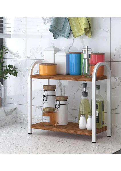 Banyo-Mutfak Toparlayıcı Düzenleyici Organizer 2 Katlı Geniş Metal Beyaz Bambu Tezgah Üstü Raf