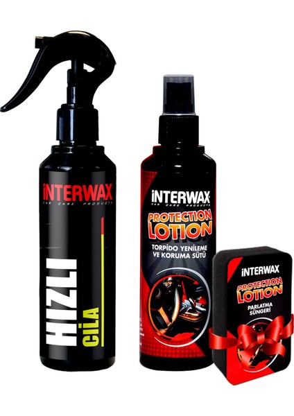 Interwax 2'li Oto Bakım Seti Hızlı Cila 230 ml + Torpido Yenileme ve Koruma Sütü 200 ml + Sünger