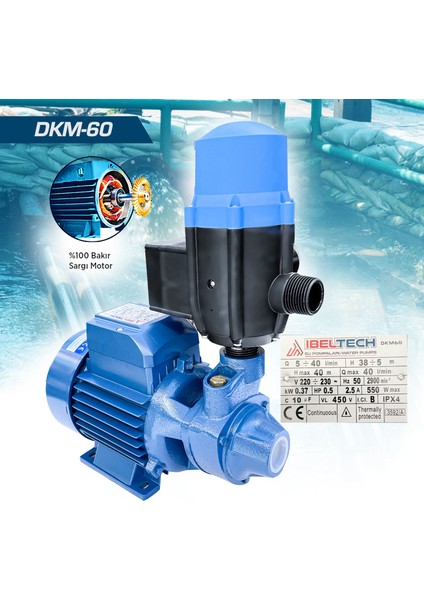 BAKIR-DKM60 0.37KW  0.5hp  1" Bakır Sargılı Paket Hidrofor Sistem Su Pompa Motoru