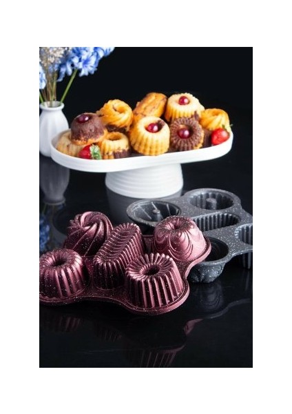 5'li Döküm Muffin Kek Kalıbı Bordo