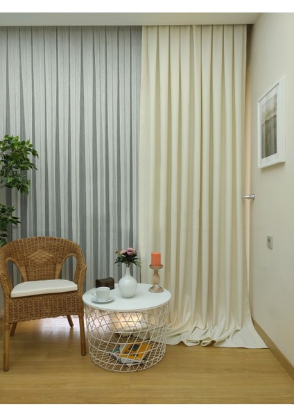 Ekru Düz Renk Pileli Keten Fon Perde, Normal Pile, Tek Kanat 50 x 250 cm